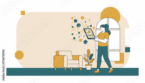 Woman holding a tablet, interacting with an augmented reality interface showing various connected data elements and geometric shapes in a modern home environment