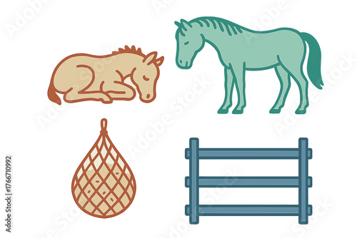 Equestrian icons set with standing horse, sleeping foal, hay net, and stable fence
