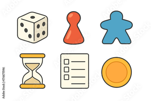 Set of tabletop gaming elements including dice, hourglass, player tokens, and checklist icons