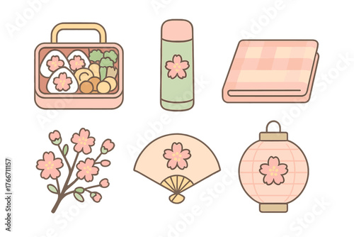 Cute Japanese picnic collection with bento box thermos fan and sakura flowers