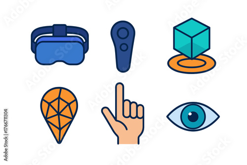 Virtual and augmented reality icon set featuring VR headset, controller, hand gesture, and eye symbols