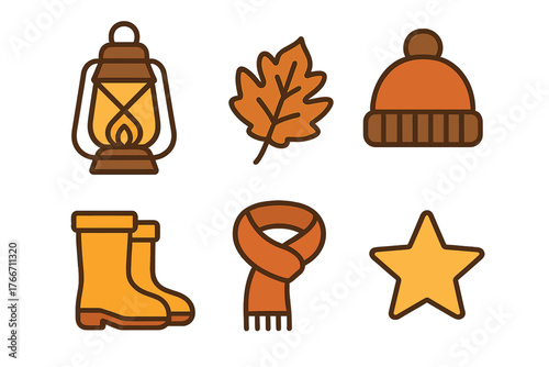 Cozy autumn and winter season icons collection featuring a lantern, leaf, beanie, boots, and scarf