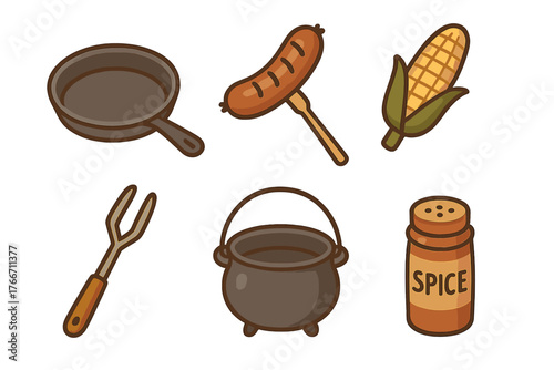 Set of outdoor cooking and camping equipment including skillet, sausage, corn, pot, and spice shaker
