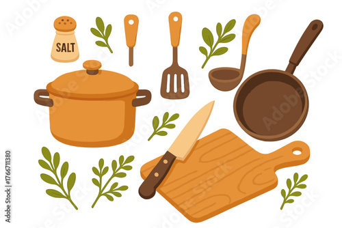 Essential cooking tools and kitchen equipment set: pot, pan, knife, cutting board, spices