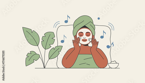 Woman pampering herself with a rejuvenating face mask, wearing a towel wrap, listening to music, and embracing a relaxing spa experience with natural elements