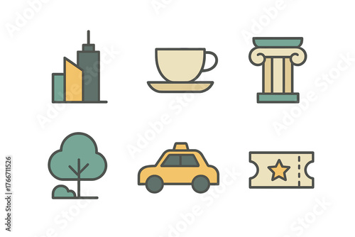 Essential travel and leisure symbols covering architecture, transportation, nature, and cultural themes