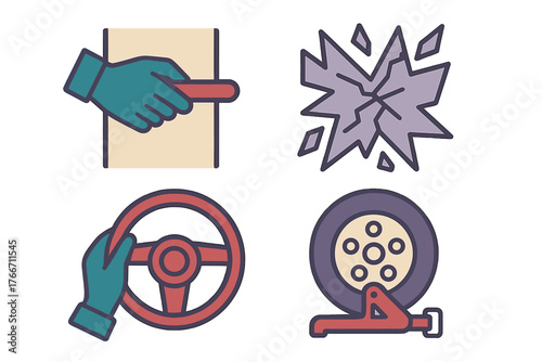 Four icons depicting car operation, accident damage, door handle use, and tire changing equipment