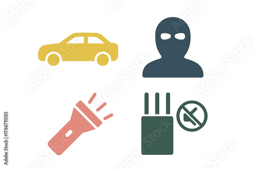 Flat graphic symbols of a masked thief, car, flashlight, and silent surveillance device
