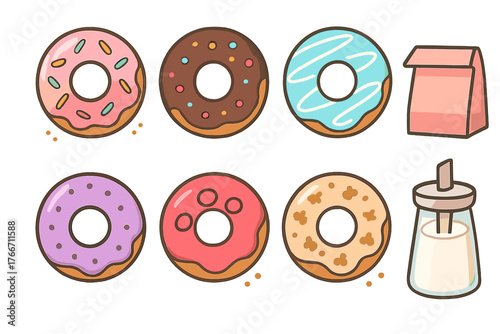 Assortment of six sweet glazed donuts with various toppings and bakery accessories