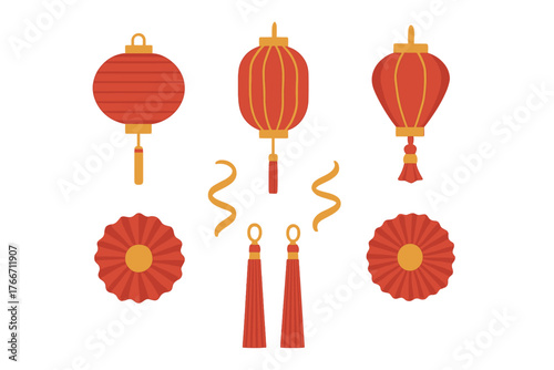 Traditional red and gold Chinese lanterns, tassels, and paper fans for Lunar New Year