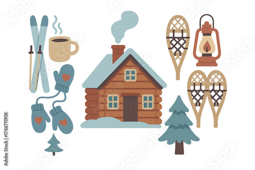 Cozy winter cabin with outdoor equipment set including skis, snowshoes, mittens, and hot cocoa mug