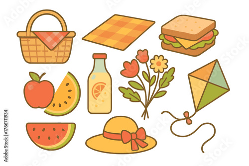 Summer picnic essentials collection with food, drink, basket, and recreational items