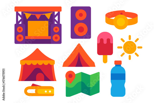 Brightly colored symbols representing equipment for summer music festivals and camping