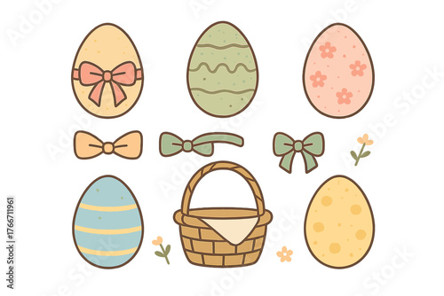 Cute pastel Easter holiday elements set featuring decorated eggs, ribbon bows, and wicker basket