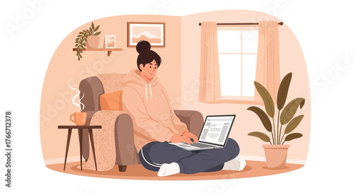 Woman using laptop in a cozy living room, working or relaxing at home, flat illustration