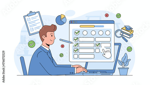 Business performance checklist concept, a smiling businessman in a blue suit sits at a desk and types on a laptop, completing tasks on a digital form with checkboxes and checkmarks, symbolizing