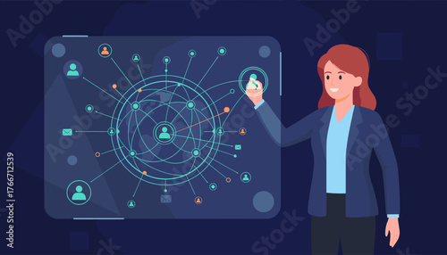 Smiling businesswoman interacting with a futuristic holographic interface displaying a global network structure with interconnected people icons, email symbols, and data points, representing business