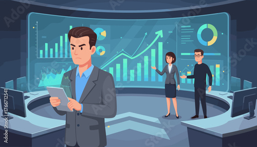 Business team collaborating in a modern control room, analyzing financial charts and graphs on a large interactive screen, with a focused businessman holding a tablet and colleagues discussing data