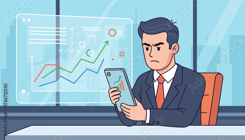 Frustrated businessman in a suit analyzing stock market data on his smartphone, with a large transparent screen displaying financial charts and graphs in the background, symbolizing market analysis