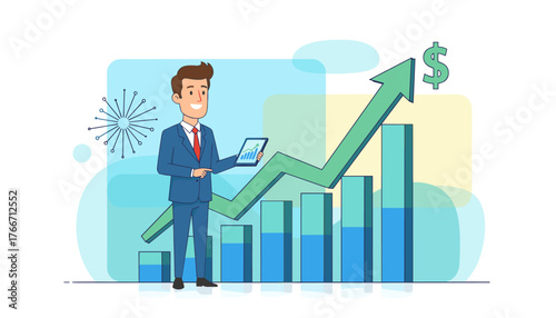 Dynamic illustration of a smiling businessman in a blue suit confidently analyzing a rising stock market chart on a tablet, with a prominent green upward arrow and dollar sign symbolizing financial