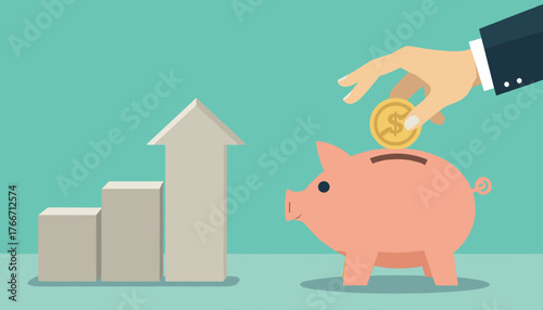 A businessman's hand is dropping a golden coin with a dollar sign into a pink piggy bank, symbolizing savings and financial growth, next to a rising arrow graph indicating positive economic progress