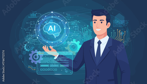 Smiling businessman in a suit presenting a glowing artificial intelligence icon with a brain symbol, surrounded by futuristic digital network connections, gears, and circuit board patterns