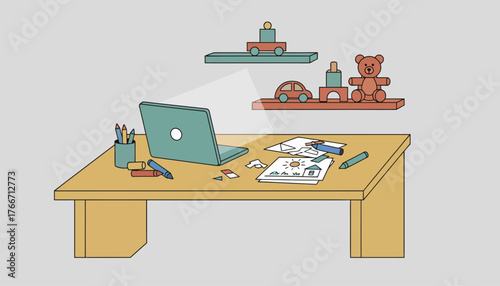Home office desk showing a laptop, drawing supplies, and children's drawings, with shelves of toys in the background, illustrating the challenges of working remotely while parenting
