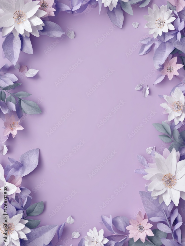 Fototapeta premium 3D paper flowers background. Creative lilac floral frame made of handmade paper blossoms for craft and design projects.