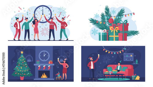 New Year's Eve celebration illustration set featuring people toasting with champagne, festive decorations like Christmas trees, fireplaces, gift boxes, and clock indicating midnight, perfect for