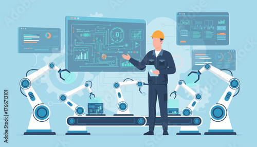 Industry 4.0 concept: A factory worker in a hard hat stands in front of a large digital screen displaying complex schematics and data, overseeing robotic arms and conveyor belts on a modern assembly