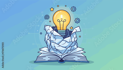 Conceptual illustration of innovation and idea generation, featuring a glowing lightbulb emerging from a crumpled paper ball atop an open book, symbolizing creativity and knowledge, with abstract