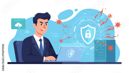 Cybersecurity protection for business organizations, a man in a suit works on a laptop with a shield icon, defending against virus threats and data breaches, cloud storage security, digital network