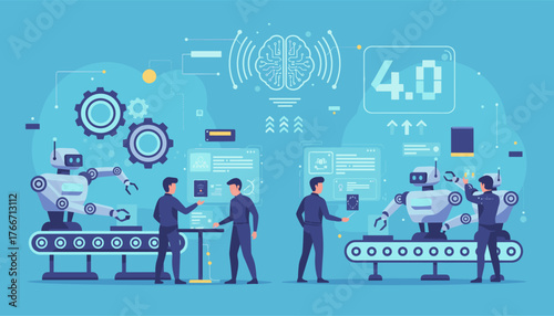 Industry 4.0 concept illustration: AI technology advancement, robotic automation on assembly lines, human-robot collaboration, and digital transformation in modern manufacturing, symbolizing smart
