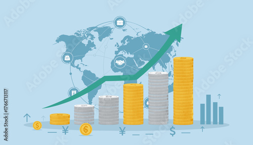 Global investment and business concept with stacks of gold and silver coins, a rising green arrow graph, and a world map background with interconnected icons representing finance, trade, and