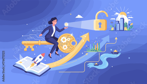 Vivid illustration of a determined businesswoman unlocking her true potential for business success, symbolized by a golden key, a soaring arrow graph, a rocket launching from a book, and a cityscape