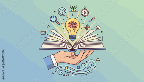 A hand holds an open book from which a glowing lightbulb emerges, symbolizing knowledge and new ideas. Surrounding the lightbulb are icons representing learning and discovery: a magnifying glass, a