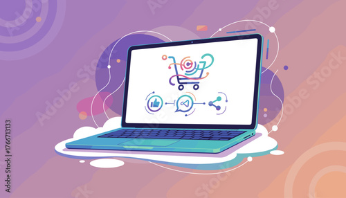 Vibrant illustration of a modern laptop displaying a stylized shopping cart icon with social media symbols like 'like', 'share', and 'comment' integrated, symbolizing online shopping and digital