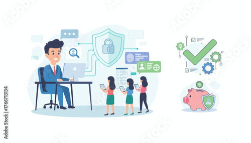 Know Your Customer (KYC) concept for business security and verification, illustrating data protection, identity checks, and financial safety with a piggy bank, shield, and digital elements, suitable