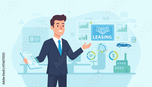 Modern business concept illustration of a smiling businessman presenting a leasing deal with handshake icon, charts, car, factory, and calculator, symbolizing financial services and asset acquisition
