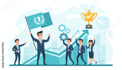 Successful business team celebrating victory with a trophy and flag, symbolizing leadership, teamwork, and achievement in a modern cityscape with upward trending graphs and gears representing