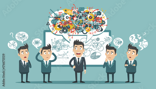 Confused businessmen struggling to understand complex technical jargon and abstract concepts, depicted with chaotic thought bubbles and diagrams representing mental overload and communication