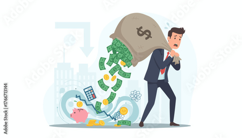 Stressed businessman carrying a heavy sack of money that is spilling out cash and coins, symbolizing financial loss, investment mistakes, tax burdens, or unexpected expenses, with a piggy bank and