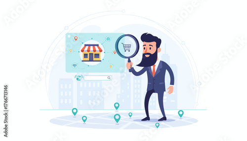 Business owner with beard in suit examining a storefront and shopping cart through a magnifying glass, representing local SEO and e-commerce concept, with city skyline and map pins in the background