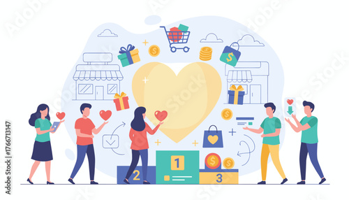 Loyalty program concept with people interacting with rewards, gifts, shopping bags, credit cards, and coins around a large heart, symbolizing customer appreciation and engagement in a business