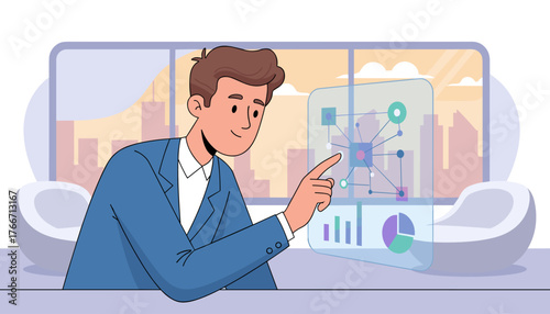 Modern businessman in a blue suit interacting with a futuristic holographic interface displaying data charts and network diagrams, set against a city skyline background, representing technology and