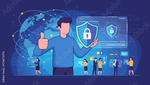 Digital security concept with a man giving a thumbs up, holding a shield with a padlock icon, against a backdrop of the Earth and data streams, symbolizing global cybersecurity and protection of