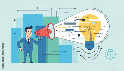 Dynamic business concept illustration featuring a determined businessman in a suit holding a megaphone, projecting ideas and innovation represented by a glowing lightbulb and abstract digital network