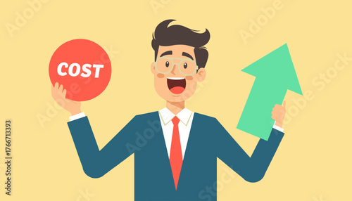 Joyful businessman in a suit and tie, wearing glasses, holds a red circle with the word "COST" and a green upward-trending arrow, symbolizing rising expenses or financial growth, against a plain