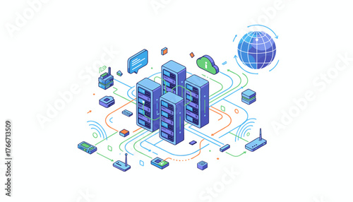Vibrant isometric illustration depicting a modern server room with multiple racks of computers, connected by colorful data flow lines, alongside cloud storage, a globe representing global