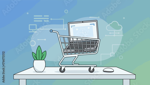 Modern flat illustration of a shopping cart filled with a laptop, placed on a desk next to a potted plant and computer mouse, symbolizing online shopping and digital commerce with abstract technology